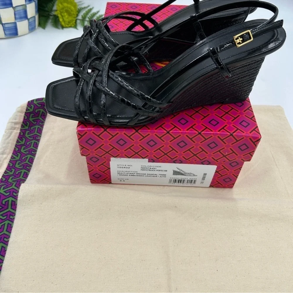 Women’s Tory Burch, multi strap wedge sandal snake embossed 75MM size 9.5